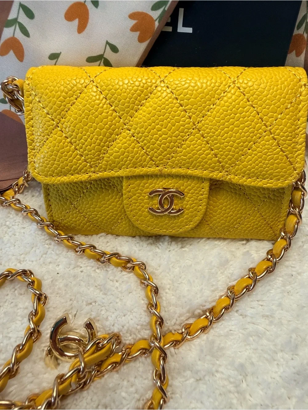 Yellow Quilted Mini Wallet-on-Chain with Gold-Tone